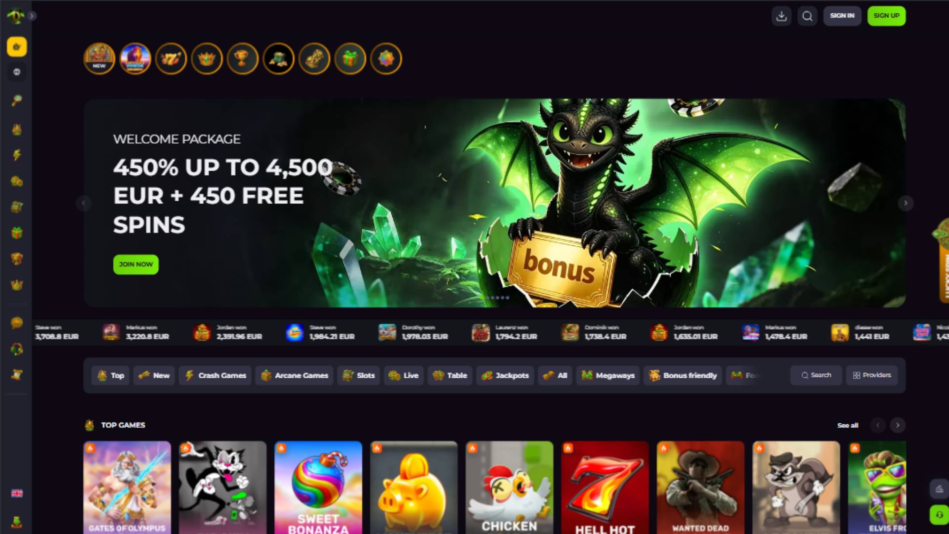 Captura de pantalla de la página principal del casino Drakaris