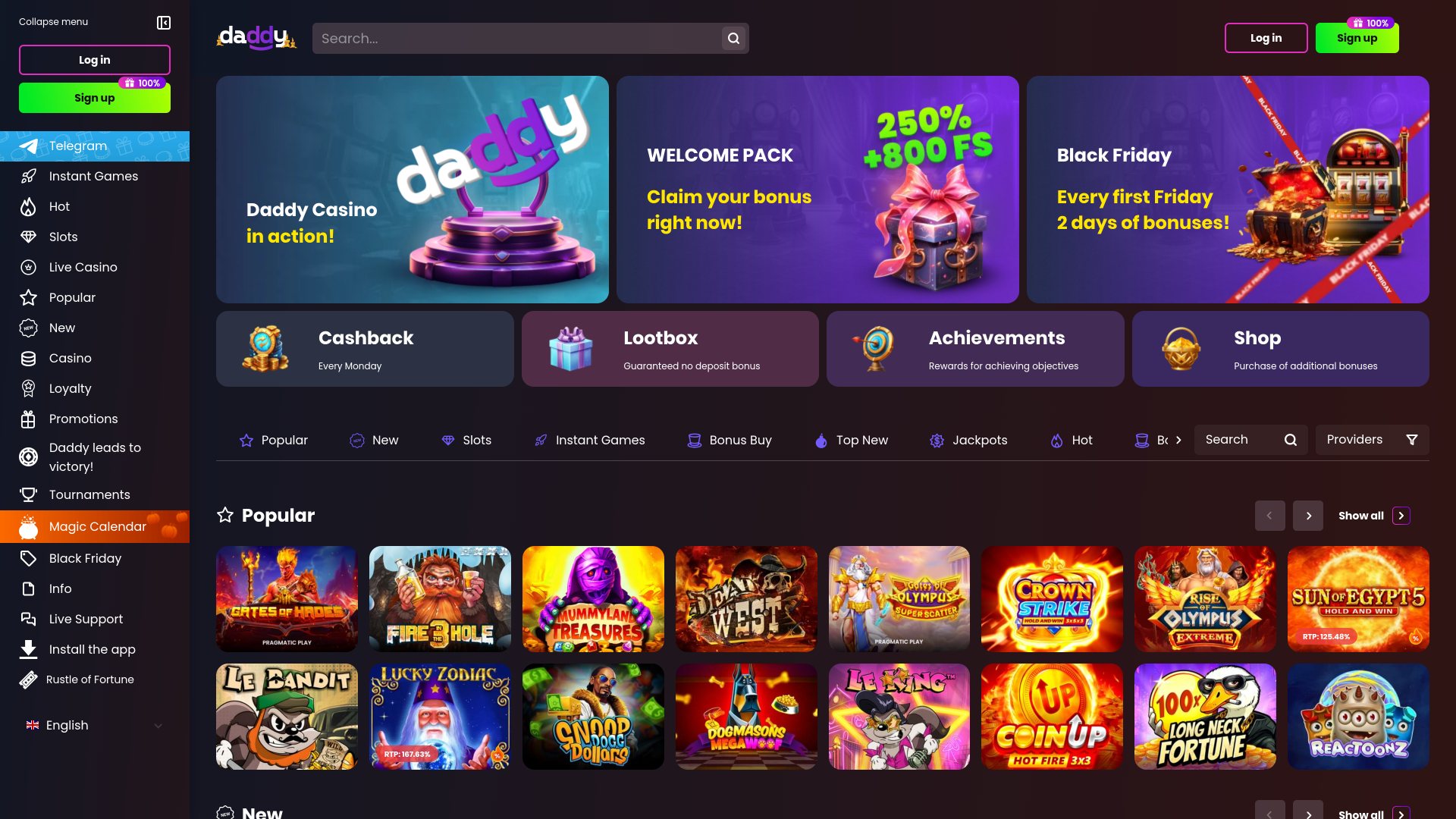 Page d’accueil du Daddy Casino Version de bureau