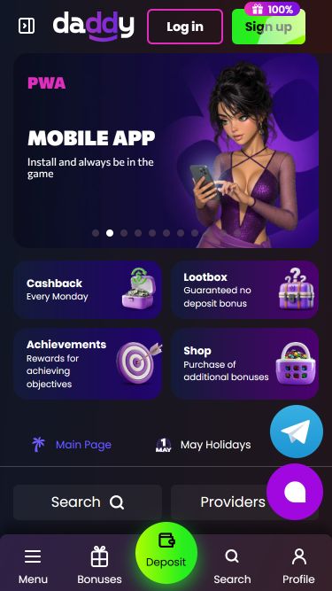 Главная страница мобильного приложения Daddy Casino