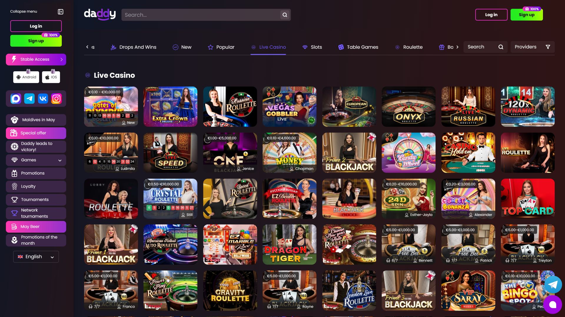 Daddy Casino — изображение для рабочего стола с живым дилером