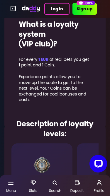 Programme VIP mobile Daddy Casino