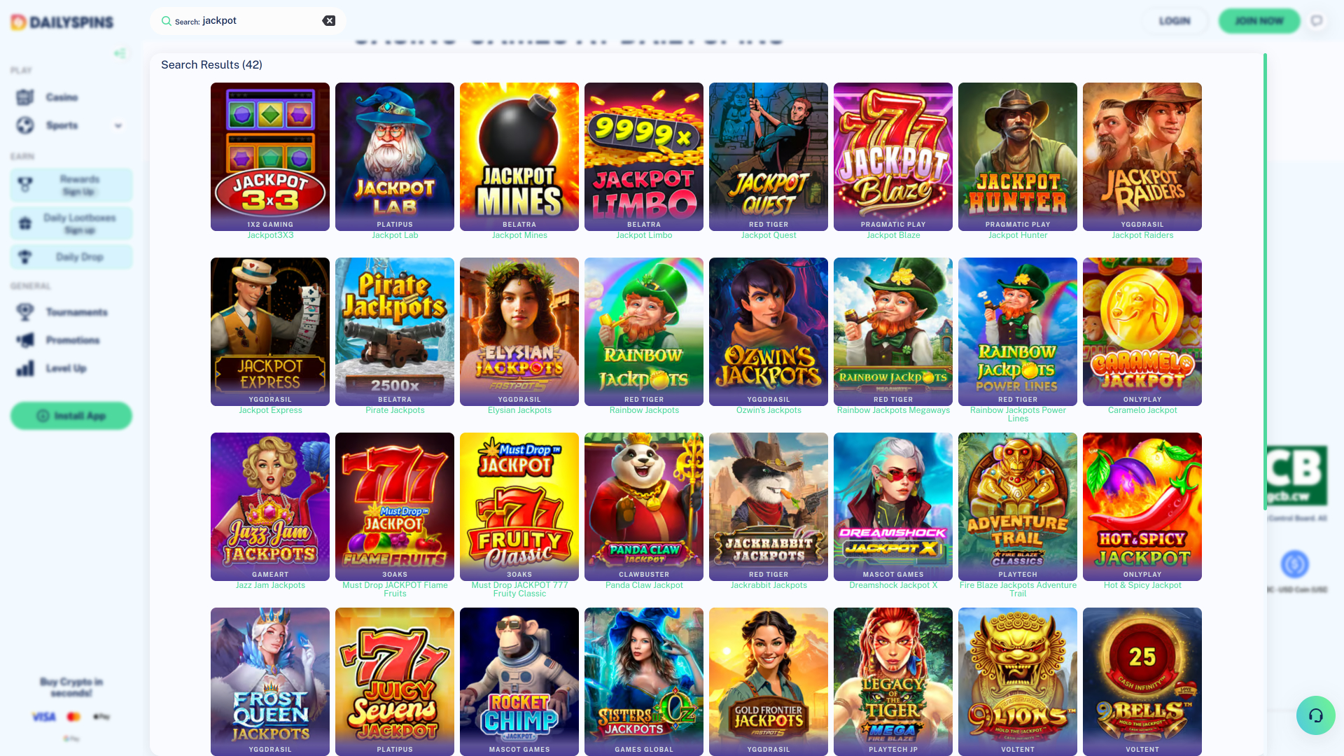 Bote de DailySpins Casino Versión de escritorio