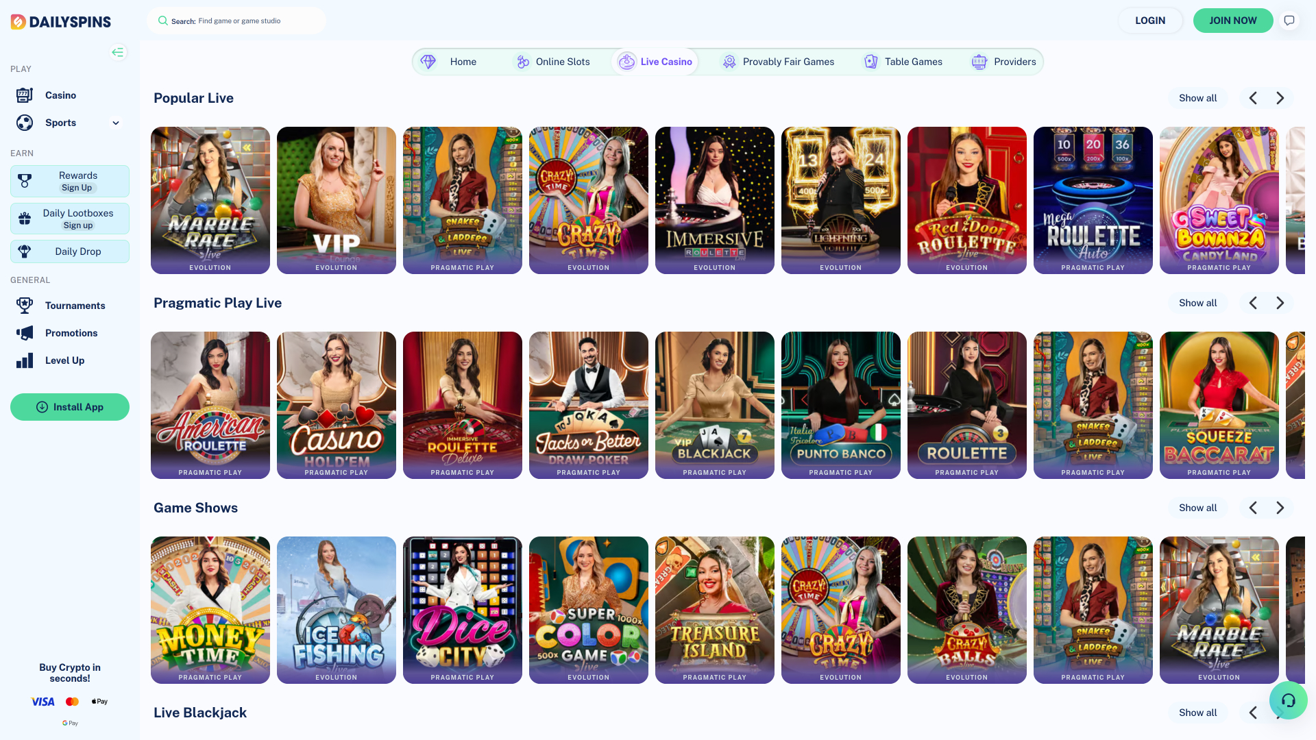 Crupier en vivo de DailySpins Casino Versión de escritorio