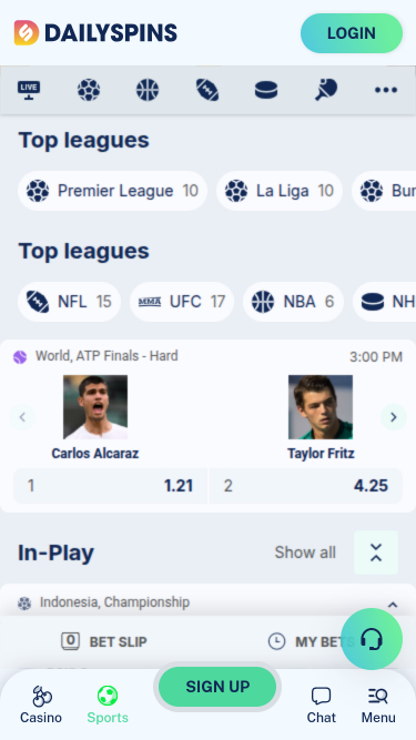 Deportes de DailySpins Casino Versión móvil