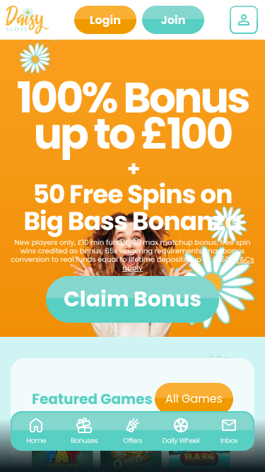 Pagina iniziale del Daisy Slots Versione mobile