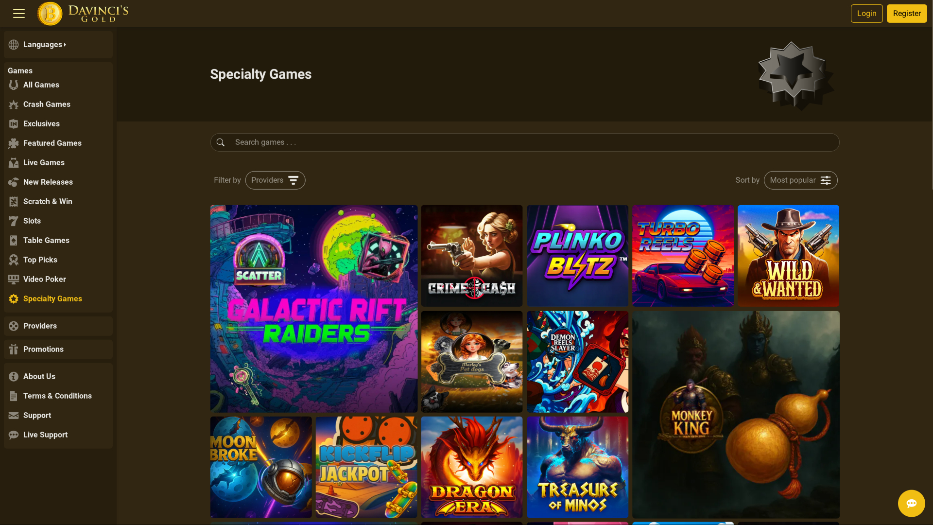 Juegos especiales de escritorio del casino Davincis Gold