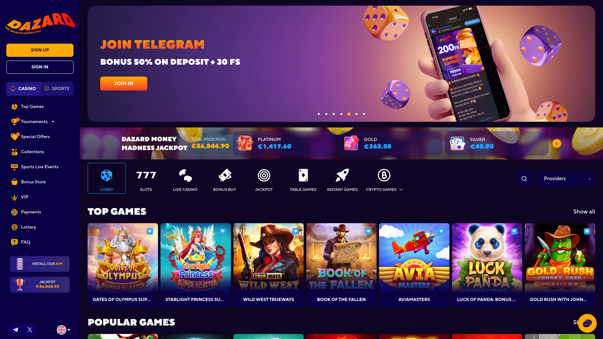 Page d’accueil du Dazard Casino Version de bureau