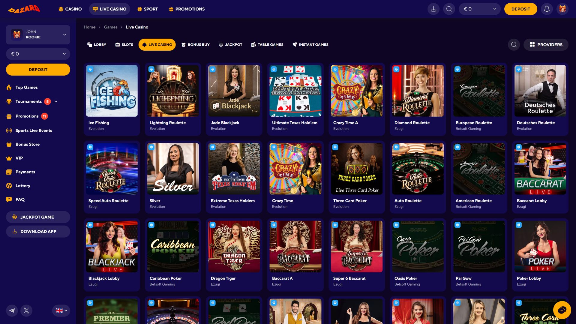Dazard Casino: изображение рабочего стола дилер в режиме реального времени