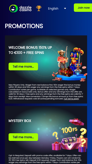 Promotions du Dazzle Casino Version mobile
