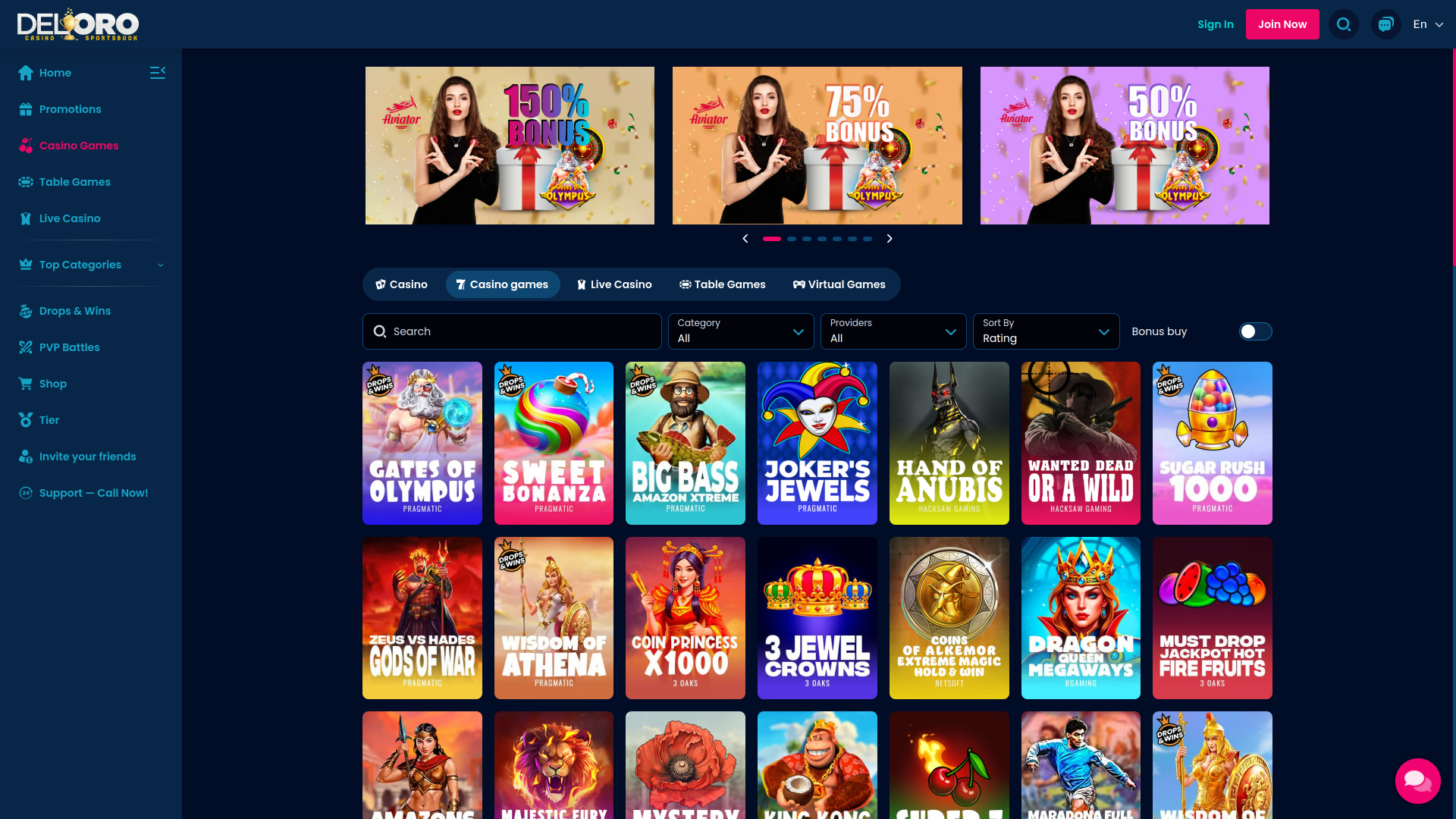 Игры казино Del Oro (версия для компьютера)