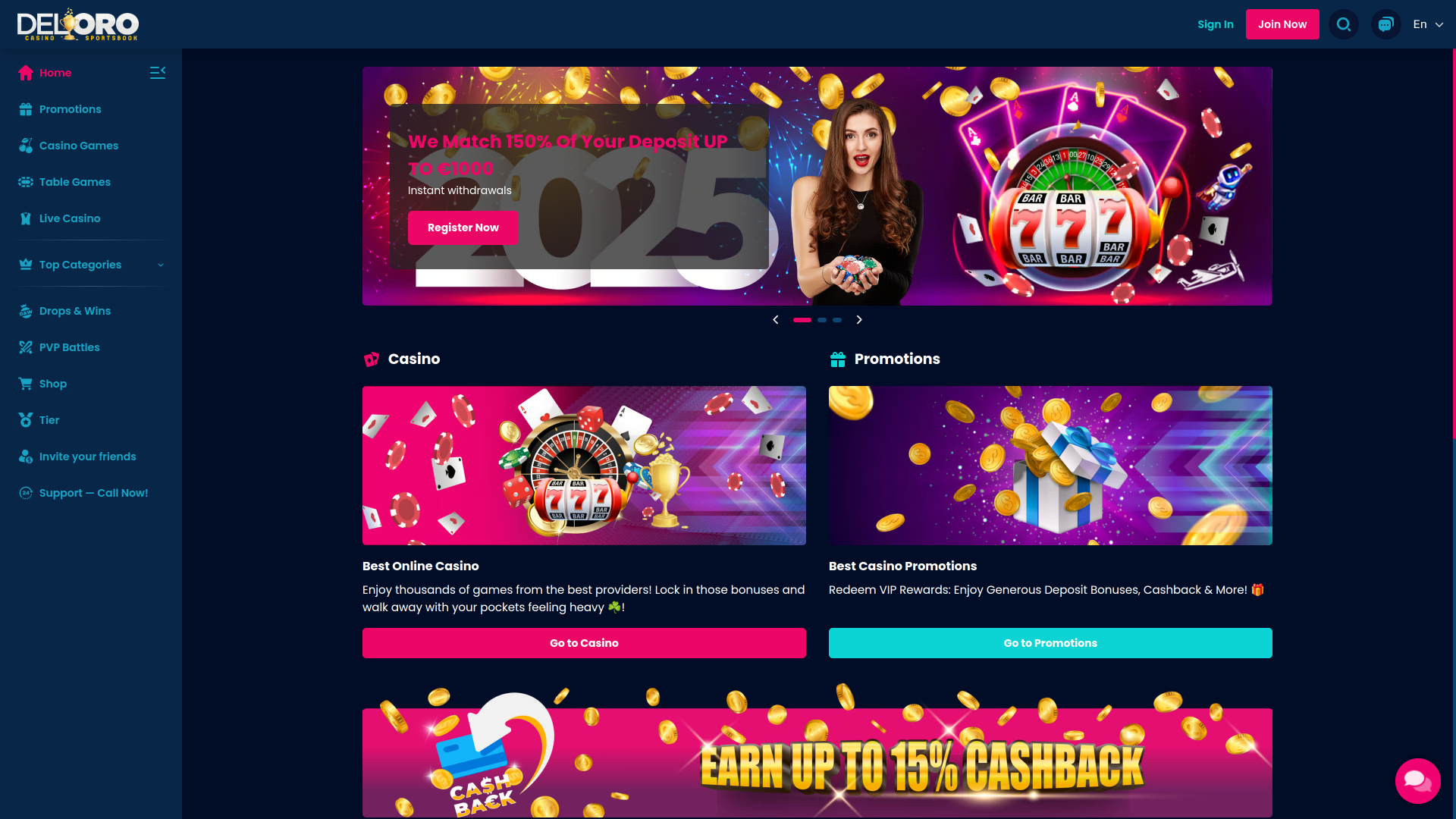 Главная страница казино Del Oro (версия для компьютера)