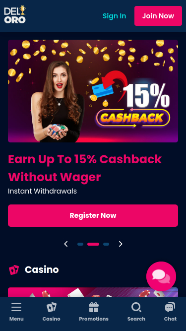 Главная страница казино Del Oro (мобильная версия)