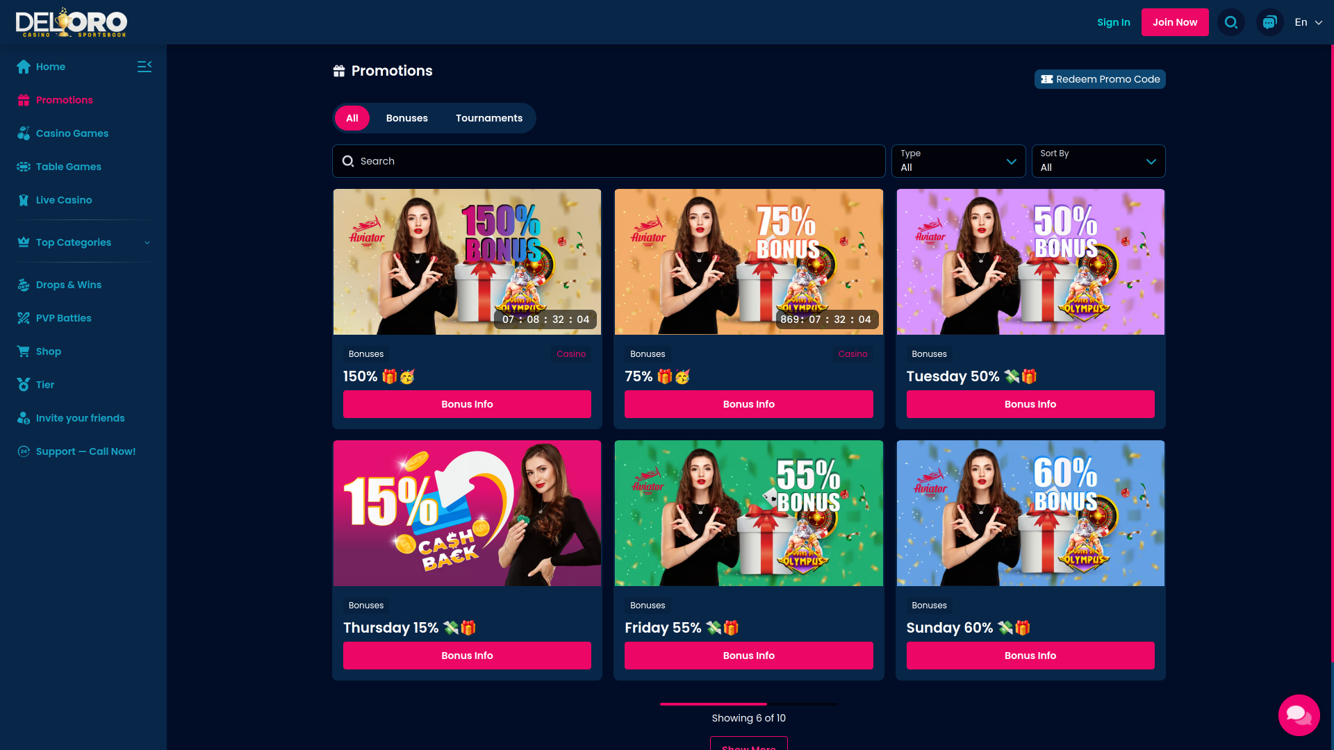 Акции казино Del Oro (версия для компьютера)