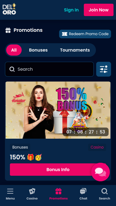 Акции казино Del Oro (мобильная версия)