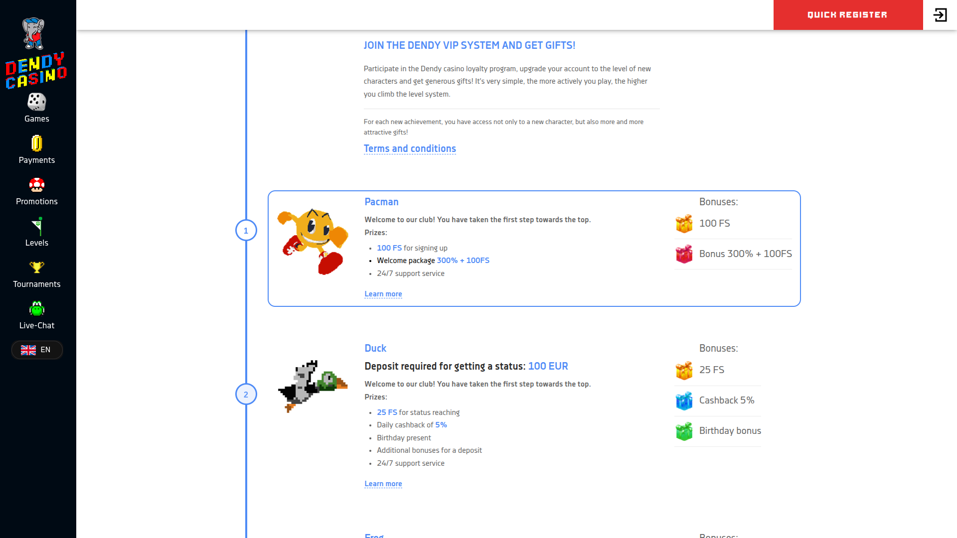 Programme VIP de bureau Dendy Casino