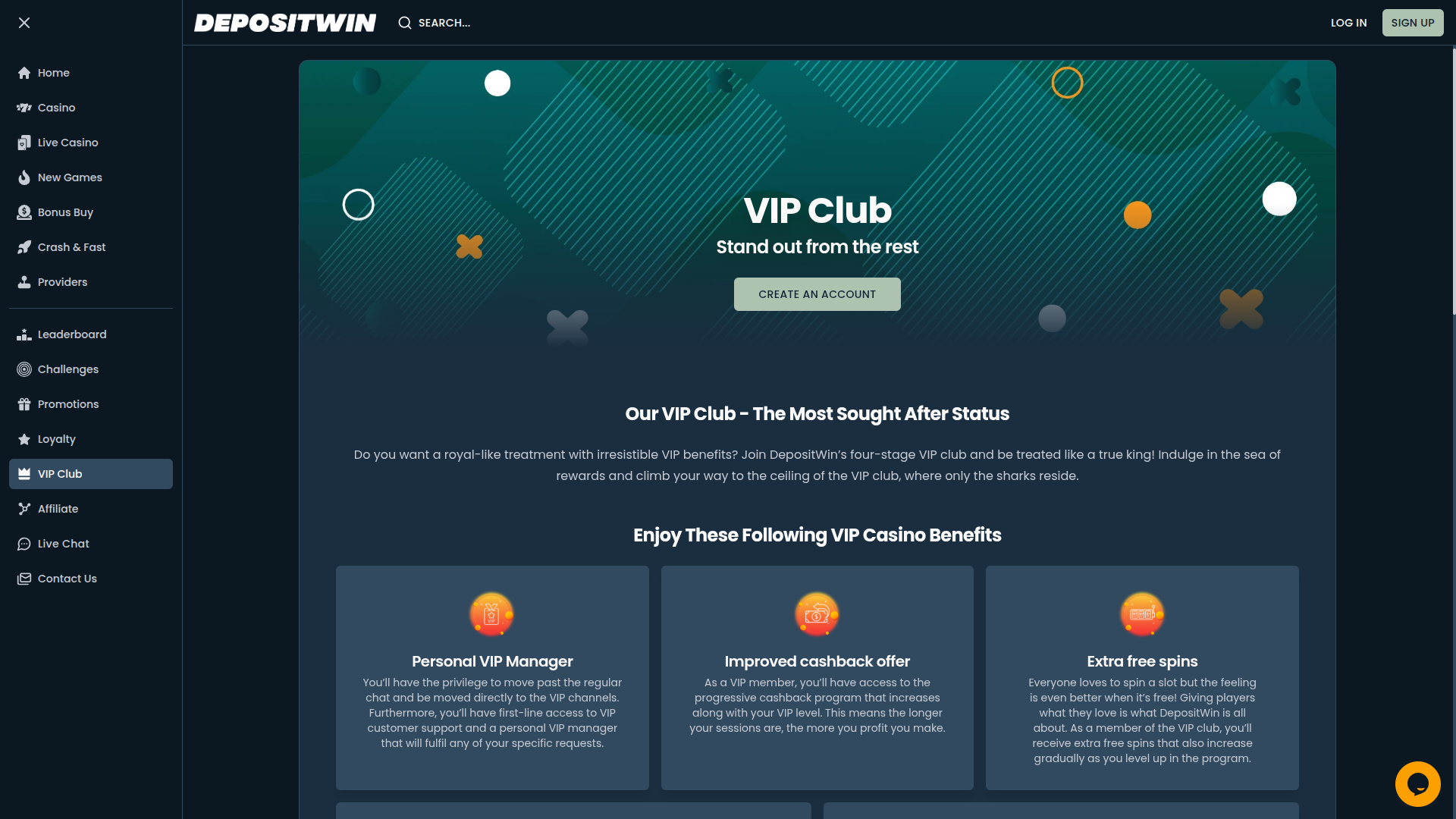 Programme VIP de bureau DepositWin Casino