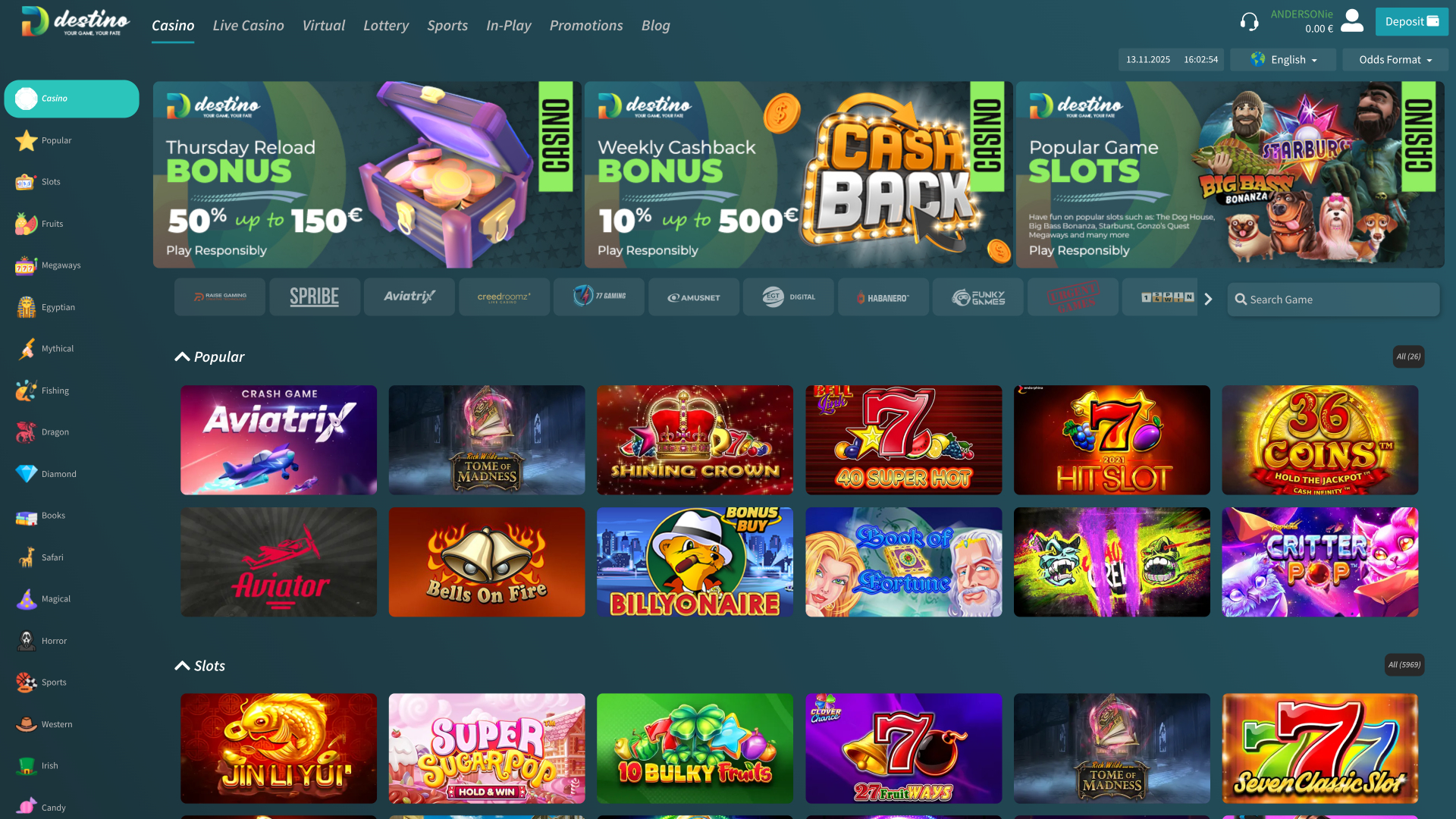 Página principal de Destinobet Casino Escritorio