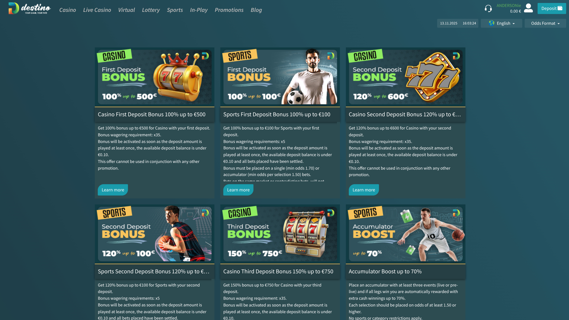 Promociones de Destinobet Casino Escritorio