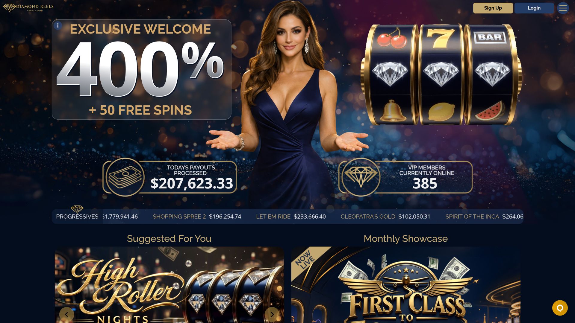 Imagen de escritorio de la página de inicio del casino Diamond Reels