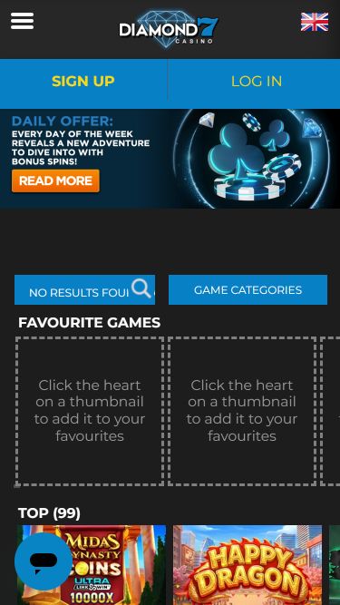 Page d'accueil mobile du casino Diamond7