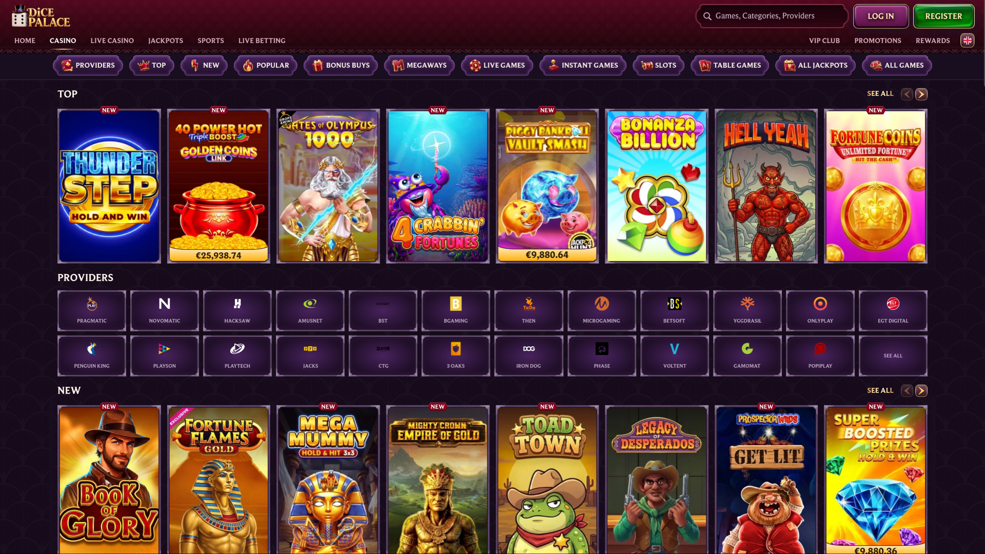 Pagina dei giochi del casinò DicePalace