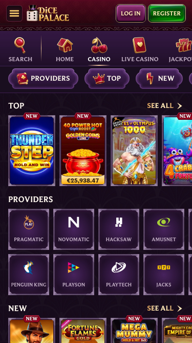 Pagina dei giochi del casinò mobile DicePalace