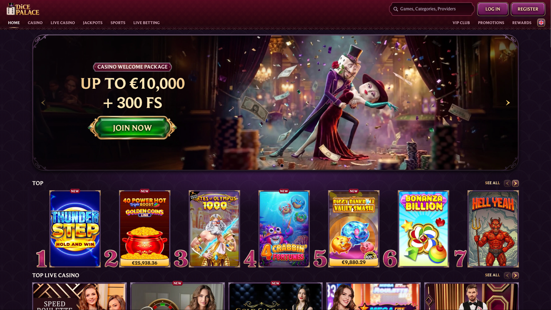 Pagina iniziale del casinò DicePalace