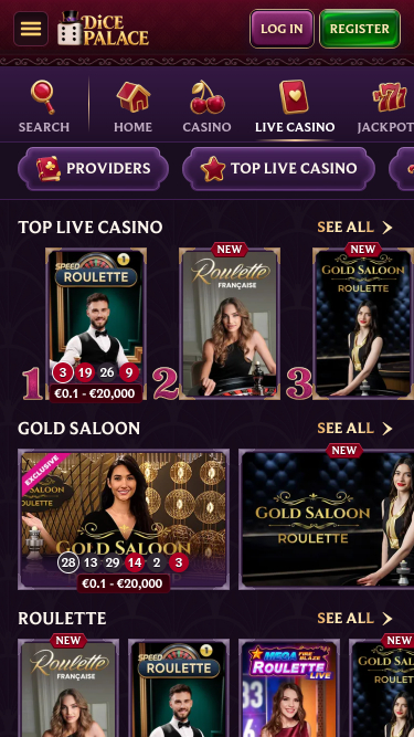 Pagina con croupier dal vivo del casinò mobile DicePalace