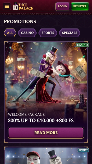 Pagina delle promozioni del casinò mobile DicePalice