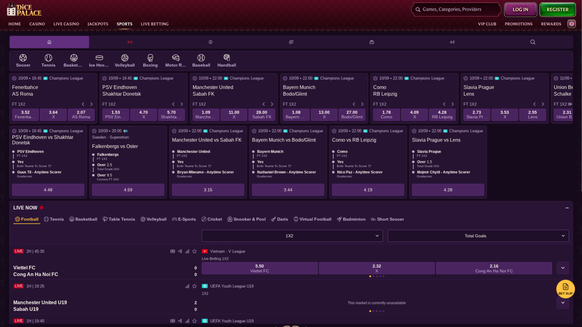 Pagina sportiva del casinò DicePalace