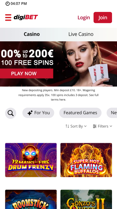 Page d’accueil du casino Digibet Mobile