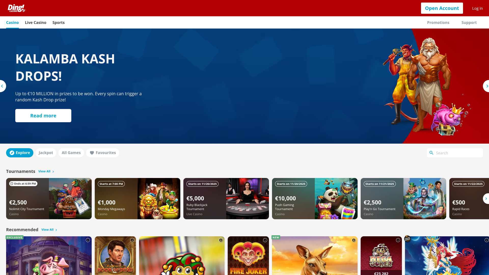 Pagina iniziale del casinò Ding Desktop