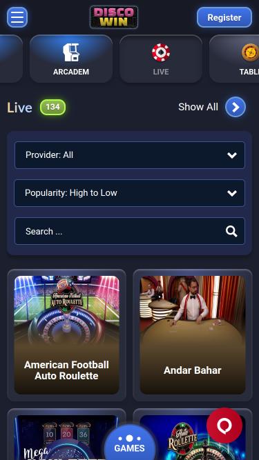 Disco Win Casino live dealer mobile page 