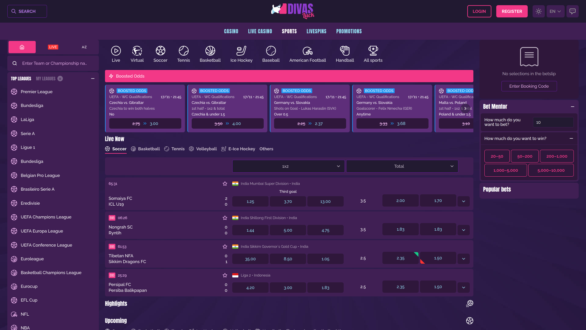 Live-спорт казино Divas Luck для настольных компьютеров