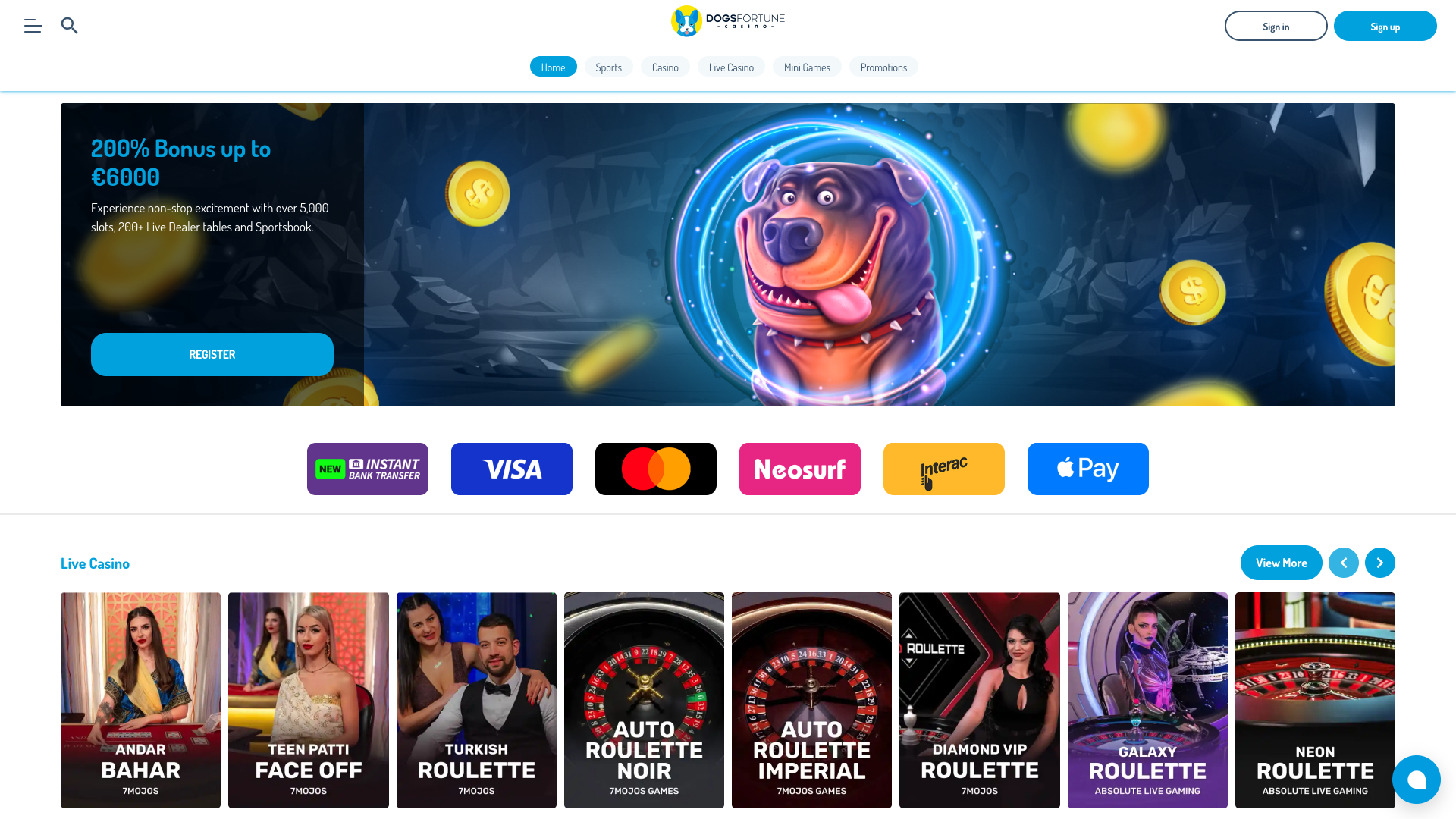 Página de inicio de DogsFortune Casino Escritorio