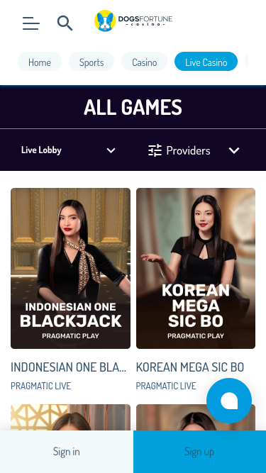 Casino en vivo de DogsFortune Móvil