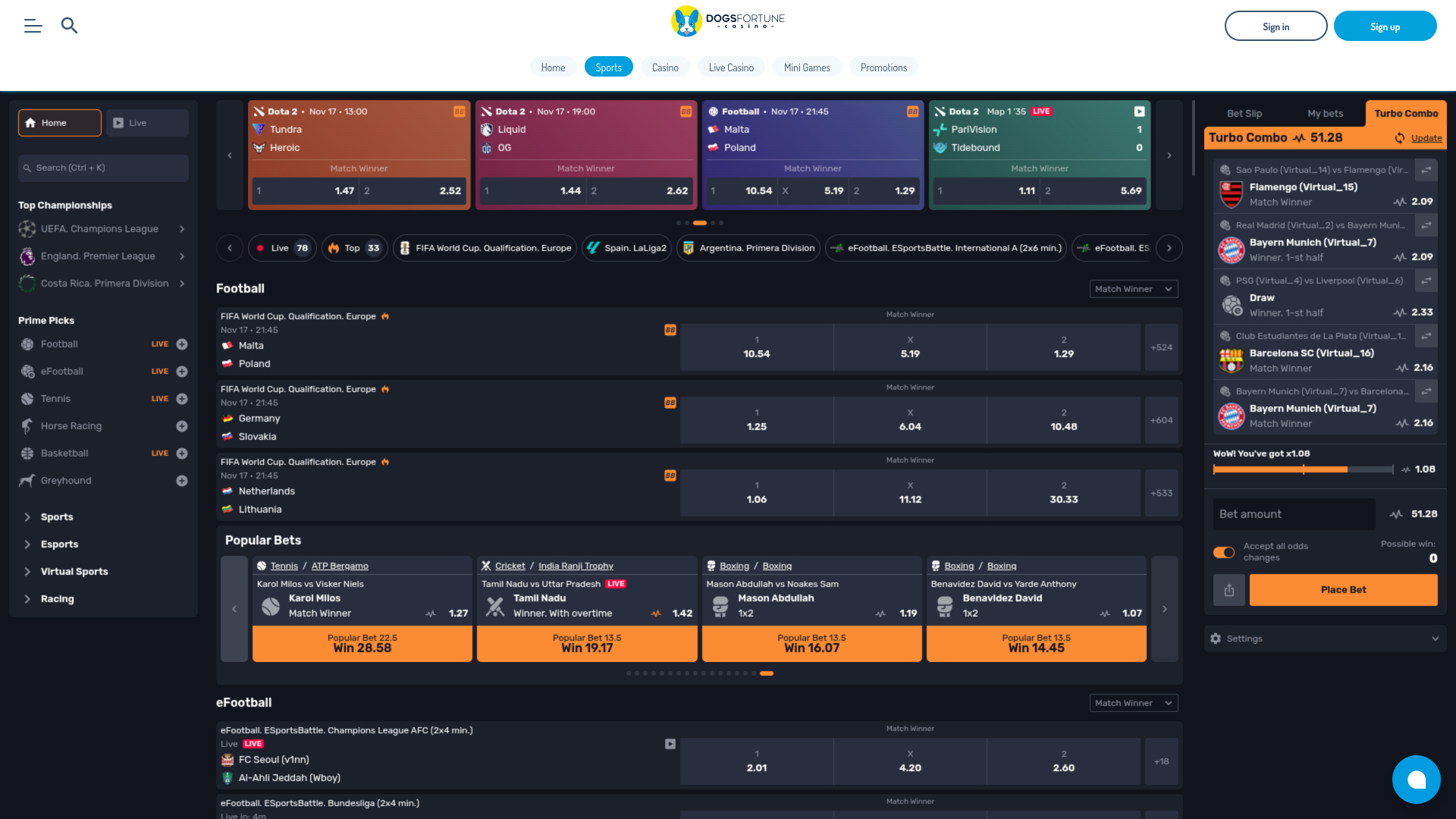 Deportes en vivo de DogsFortune Casino Escritorio