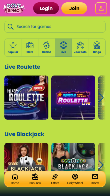 Live dealer Dove Bingo Casino Mobile