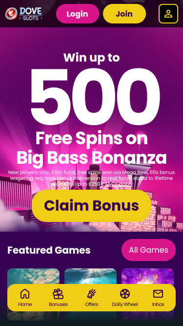 Página de inicio de Dove Slots Casino Móvil