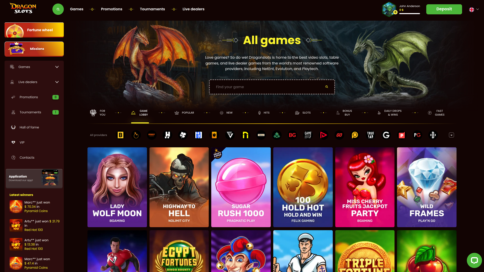 Página de inicio del casino Dragonslots Desktop