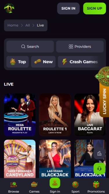 Captura de pantalla de la página móvil de juegos en vivo del casino Drakaris