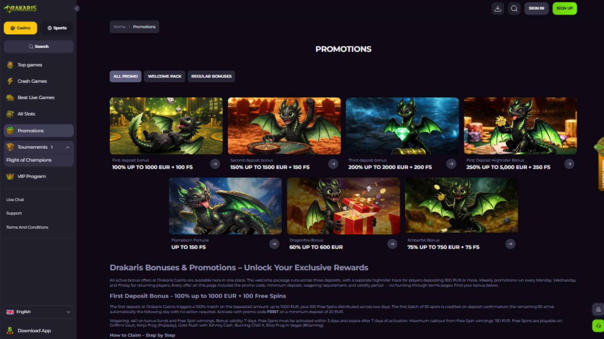 Captura de pantalla de la página de promociones de Drakaris Casino