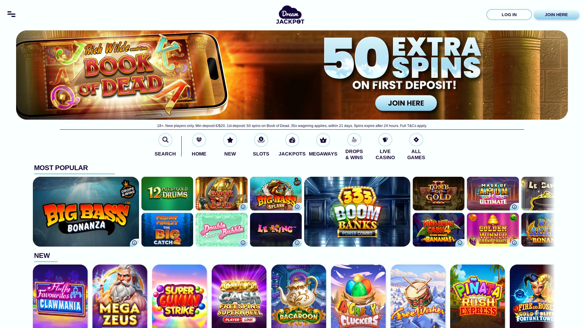 Page d’accueil du casino Dream Jackpot Desktop