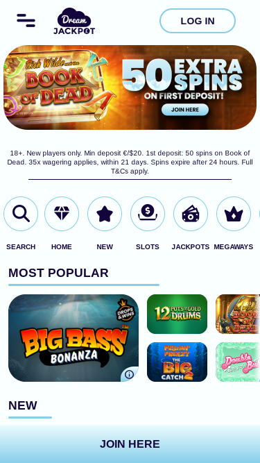 Page d’accueil du casino Dream Jackpot Mobile