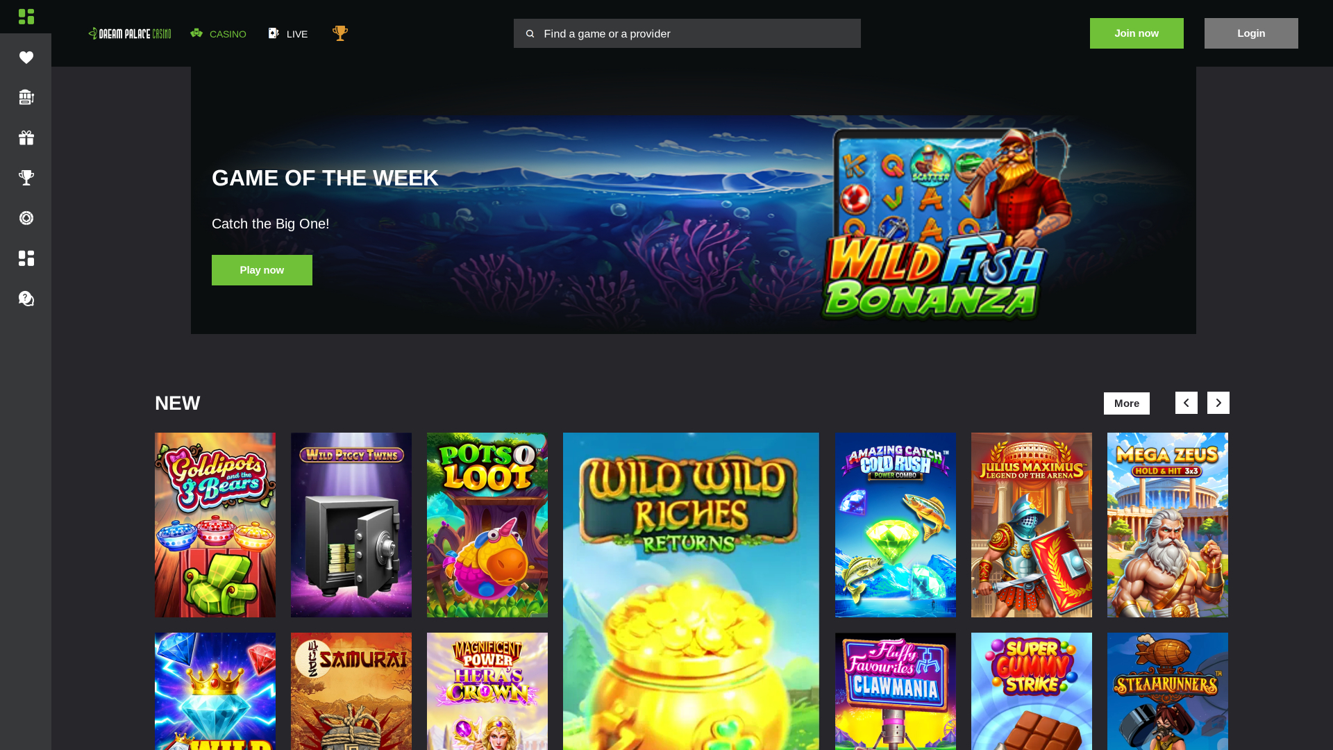 Página principal del casino Dream Palace para ordenador