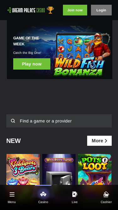 Página principal del casino Dream Palace (móvil)