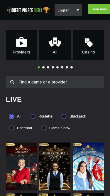 Casino Dream Palace con crupier en vivo para móviles