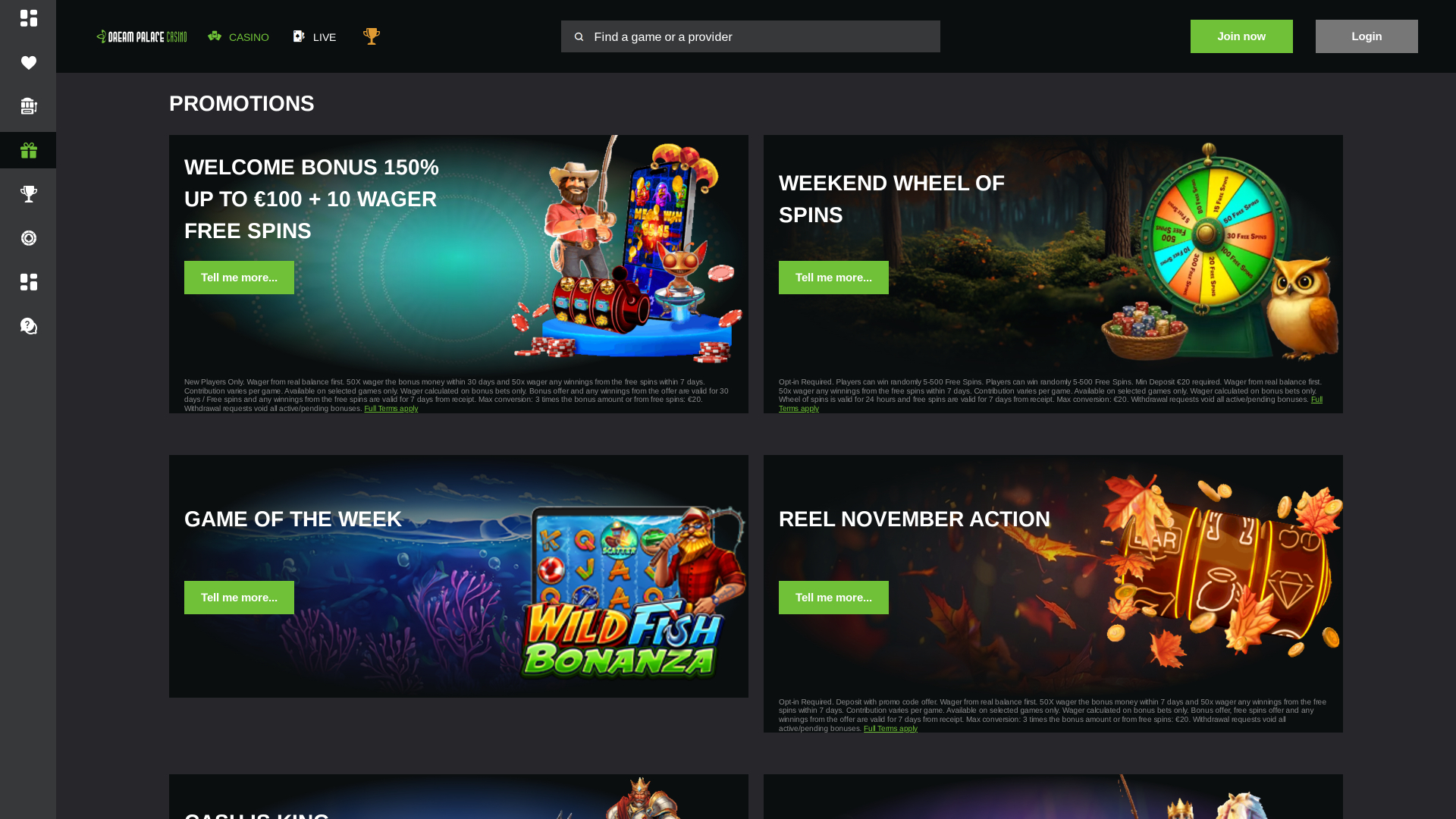 Promociones del Casino Dream Palace (versión de escritorio)