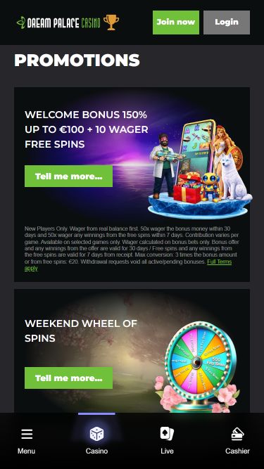 Promozioni per dispositivi mobili del casinò Dream Palace