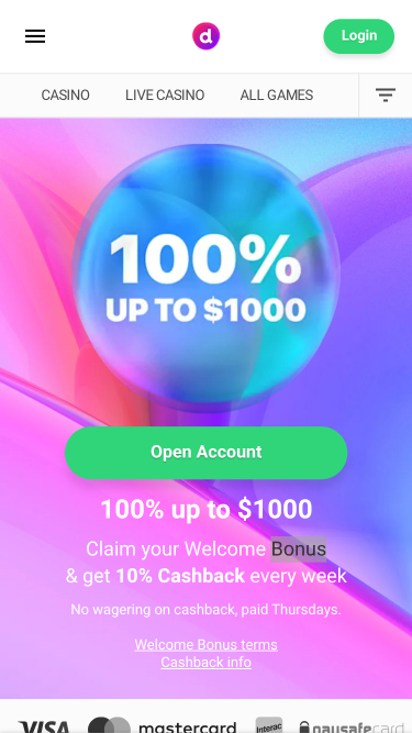 Page d'accueil mobile du casino Dreamz